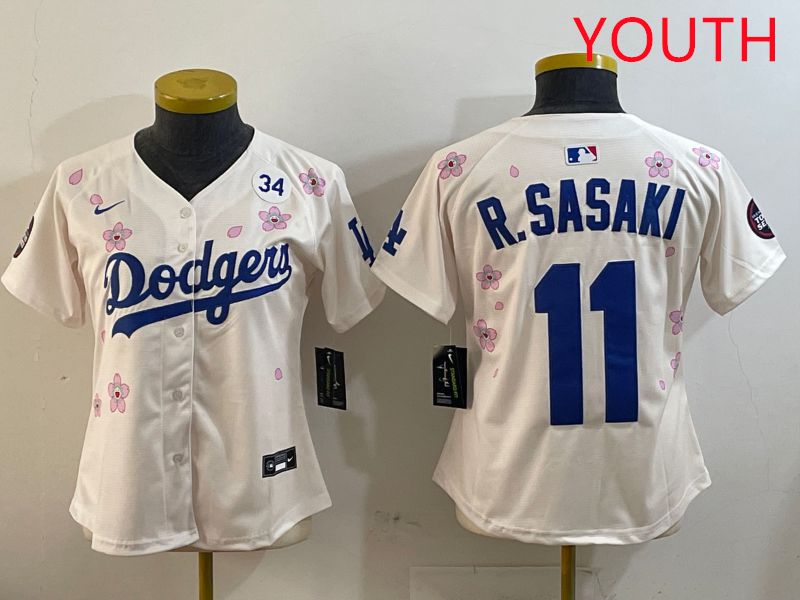Youth Los Angeles Dodgers #11 R.Sasaki Cream Sakura Edition 2025 Nike MLB Jersey style 4